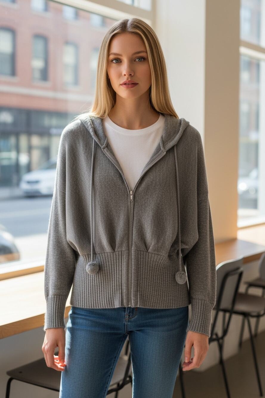 VICTORIAS SECRET Sweater Size XS Silver Metallic Gray Poms SO CUTE V Neck Hoodie